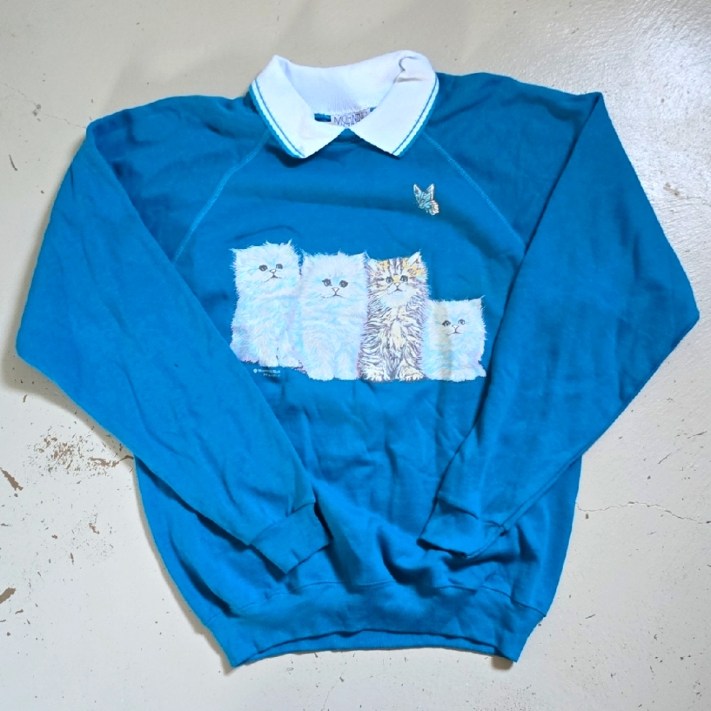 Vintage Kitty Teal Blue Raglan Collar Sweatshirt Size XL Women's